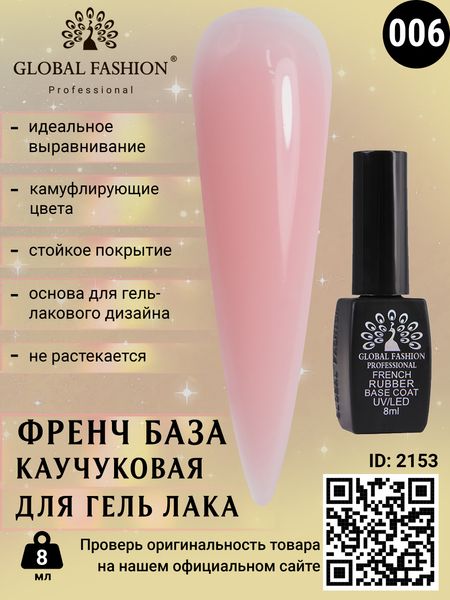 Каучукова база для гель лака френч, Rubber Base Coat French, 8 мл., Global Fashion 06 2153 фото